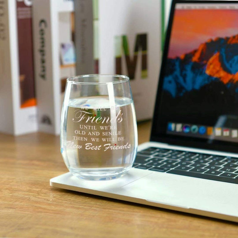 JERIO We Will Be Friends Until We Are Old And Senile, Friend Gifts 30th 40th 50th 60th Birthday Gifts for Women, BFF, Roommate, Her,15 oz Stemless Wine Glass - Image 2